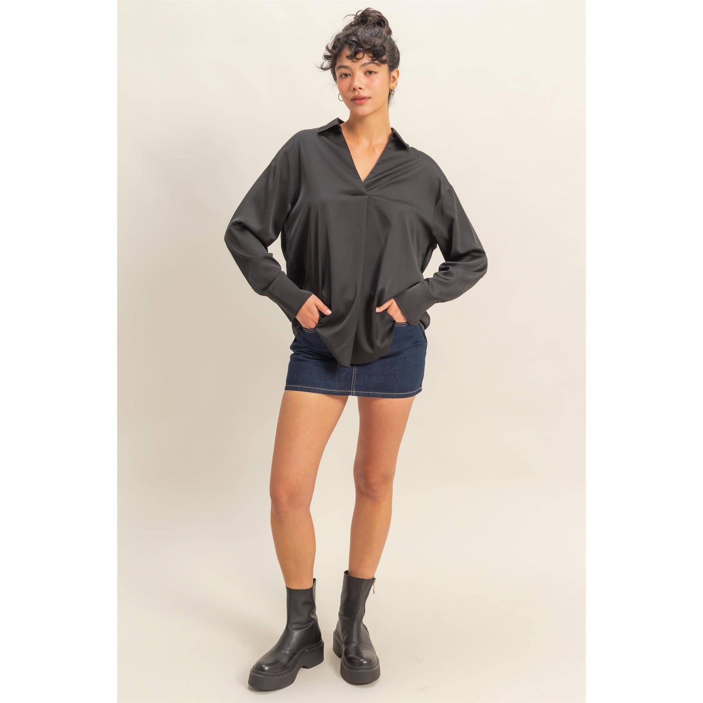 Collared V-Neck Satin Blouse