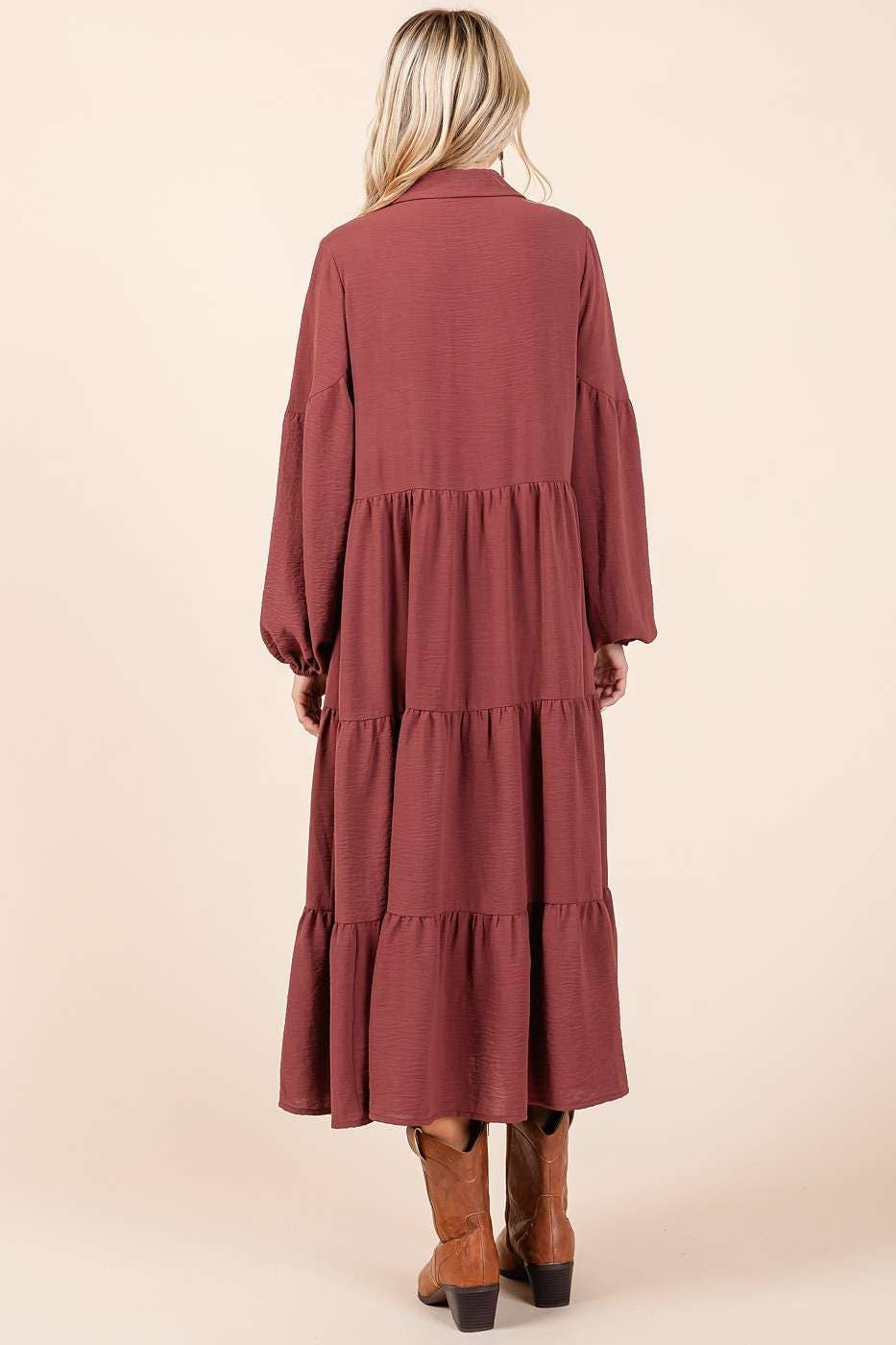Airflow Button Down Long Sleeve Tiered Dress- Sienna