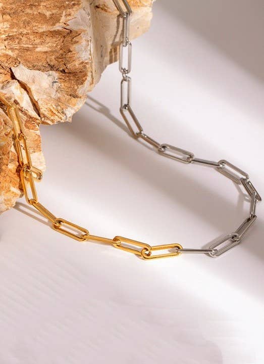 Mixed Metal Stainless Steel 18k Gold Dipped Paperclip Necklace