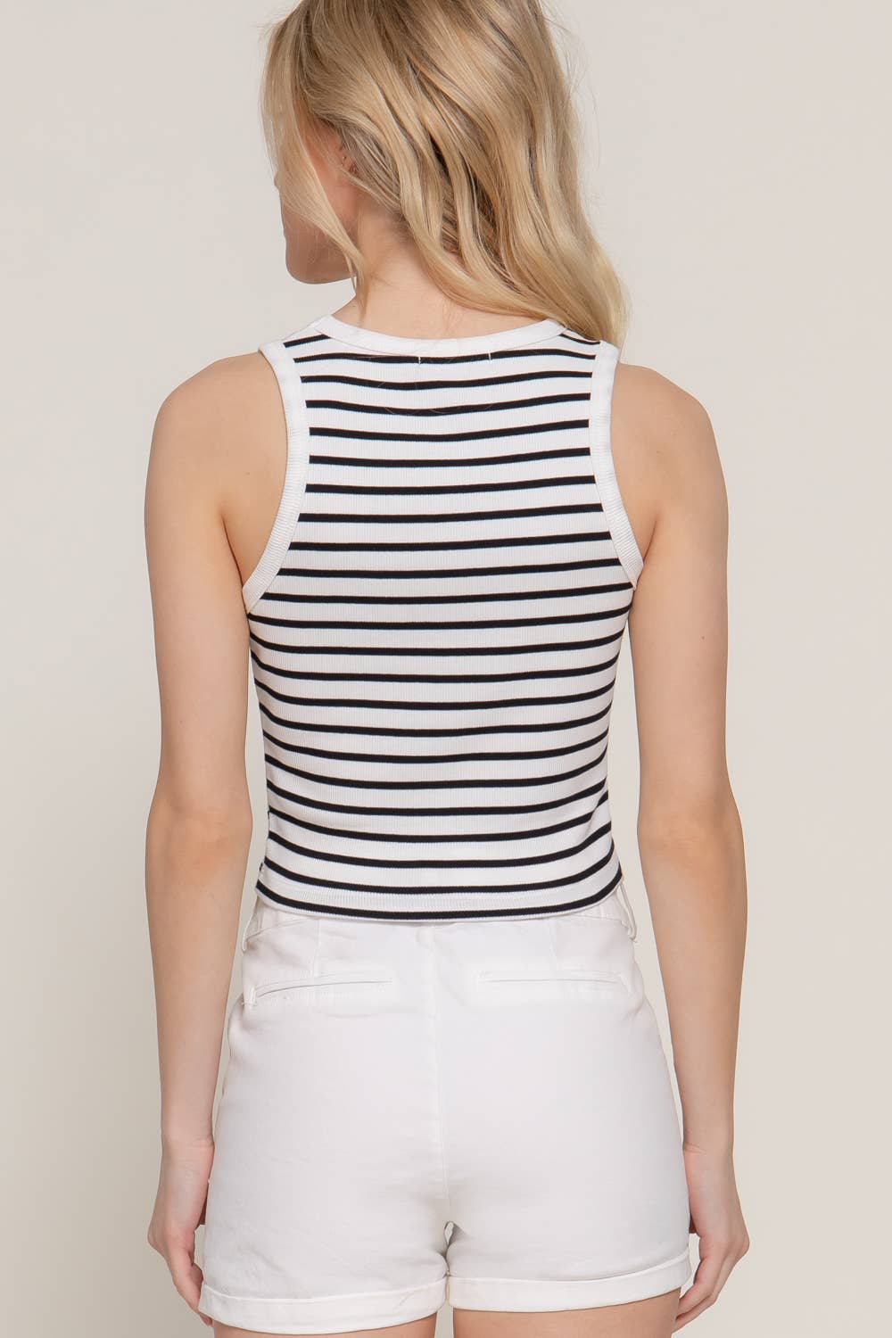 Sleeveless Round Neck Stripe Cotton Rib Knit Top: BLK-off white/black / S