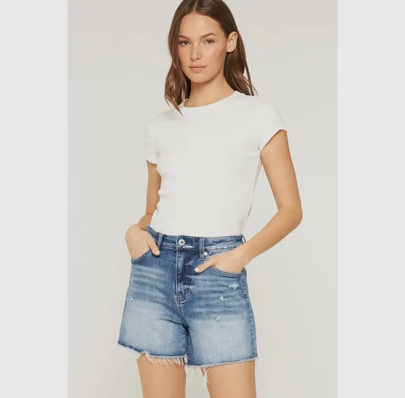 High Raw Hem Mid Length Denim Shorts