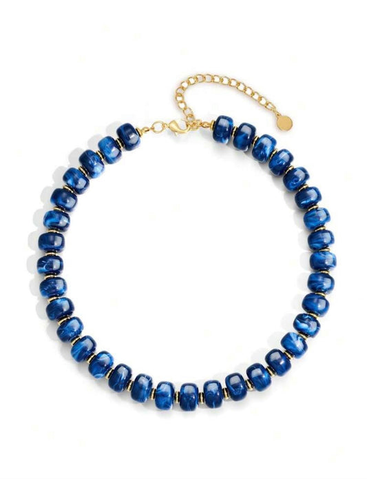 Blue Marble Beaded Necklace with Gold Accents