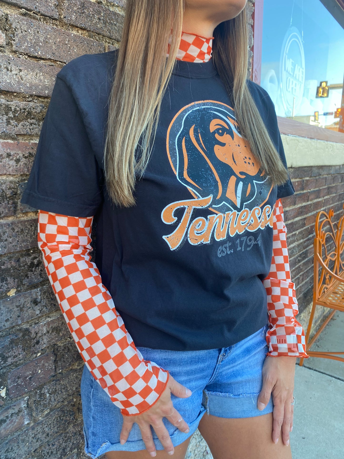 Checkerboard Mesh Top- Orange and White