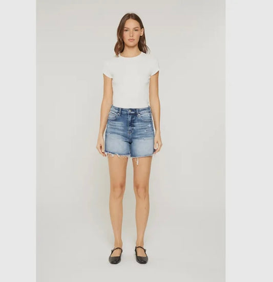 High Raw Hem Mid Length Denim Shorts