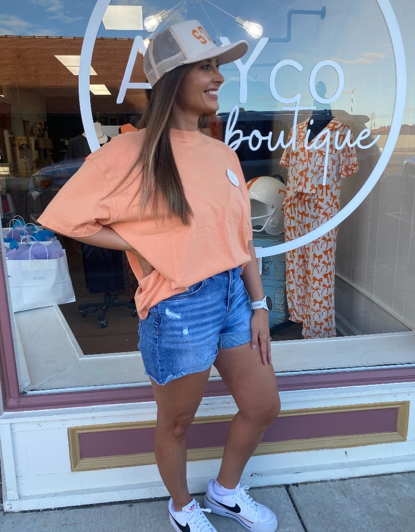 Mineral Washed Oversized Short Sleeve Basic Top- Fanta