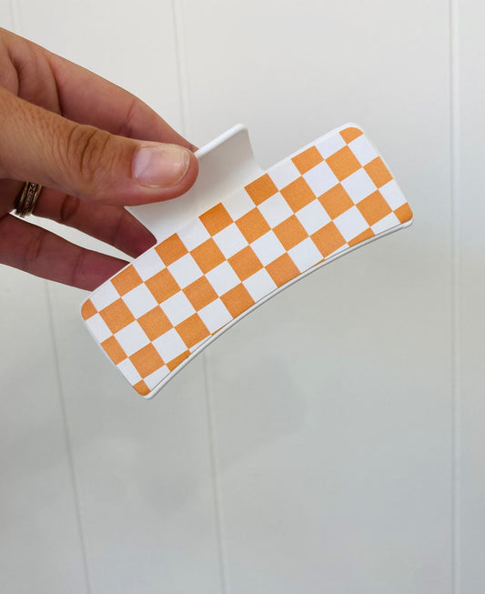 Checkerboard Orange and White Hair Clip