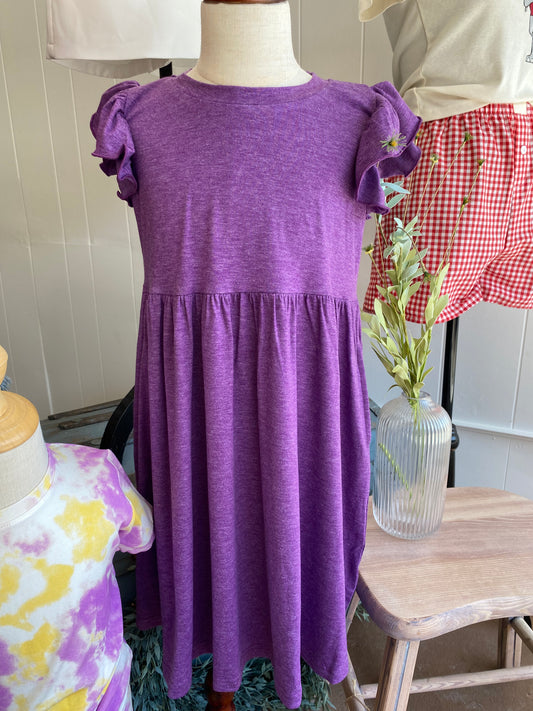 Ruffle Sleeve Little Girls Dress: Purple