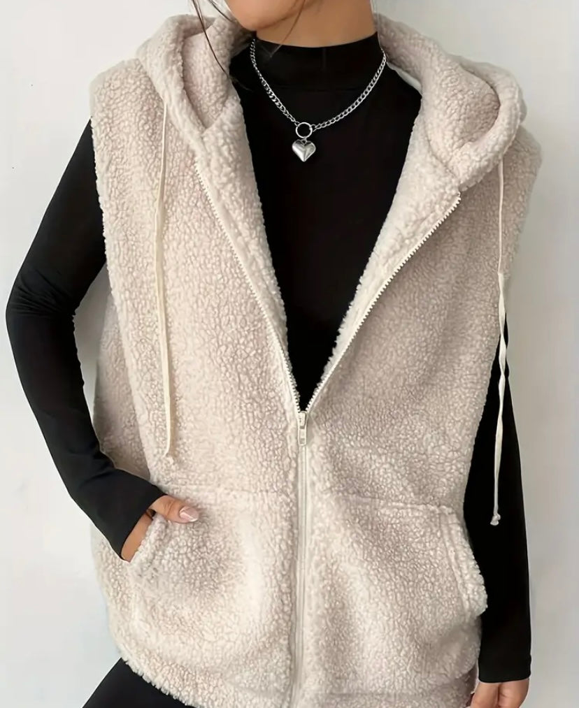 Zip-Up Sherpa Hooded Vest: Beige