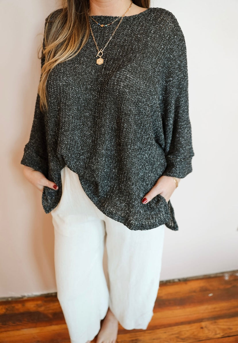 Stylish Black Fishnet Pullover with White Accents. Versatile slouchy fit for pairing with denim, white denim, linen pants, or shorts. Can be dressed up or down. Not see-through, but nude undergarments recommended. True-to-size with a roomy fit.