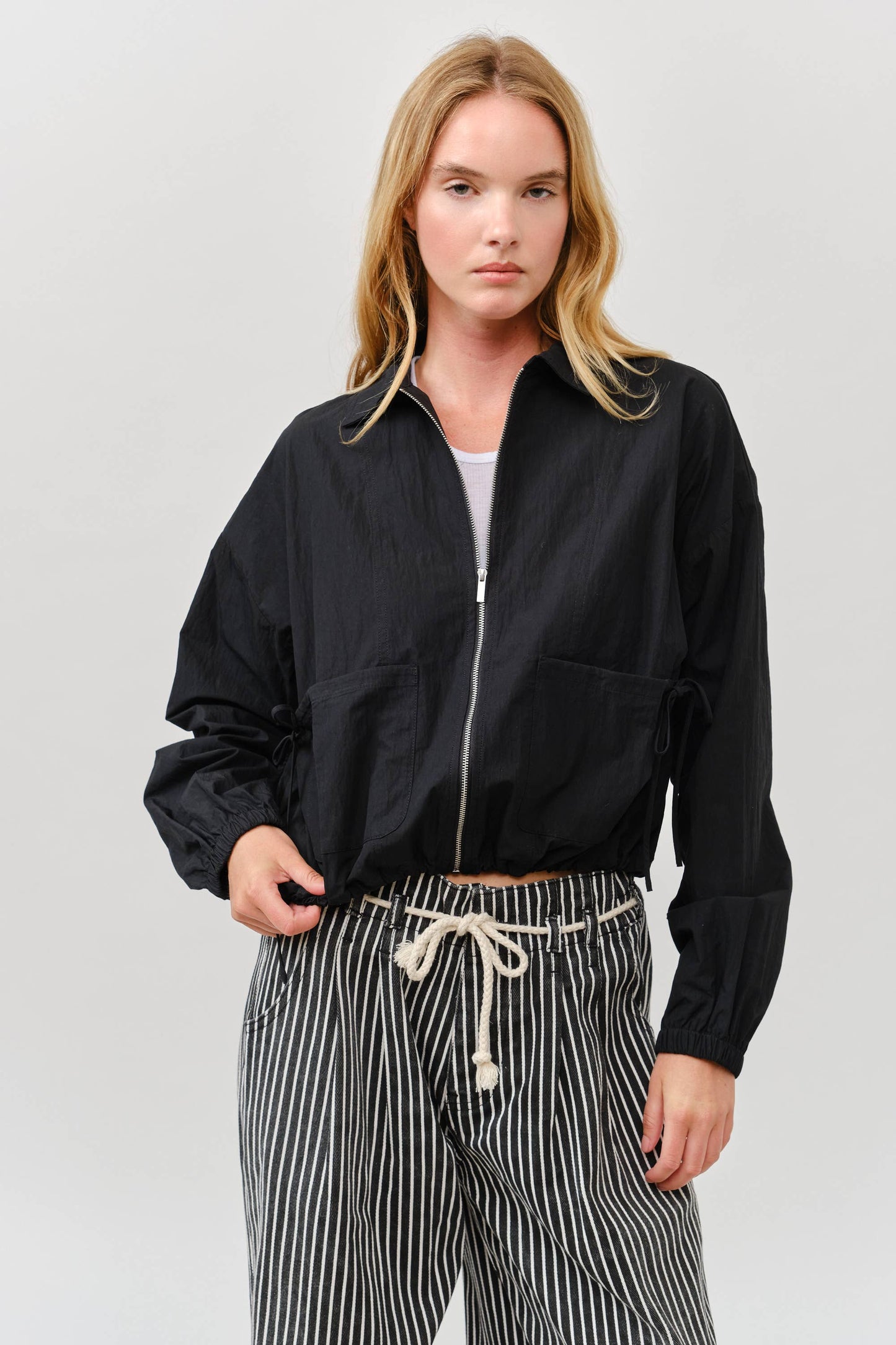 Windbreaker Shirring Ribbon Detail Bomber Jacket
