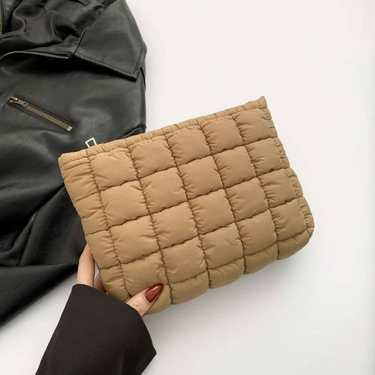 Quilted Puffy Cosmetic Pouch Clutch | Makeup Bag Organizer- Tan