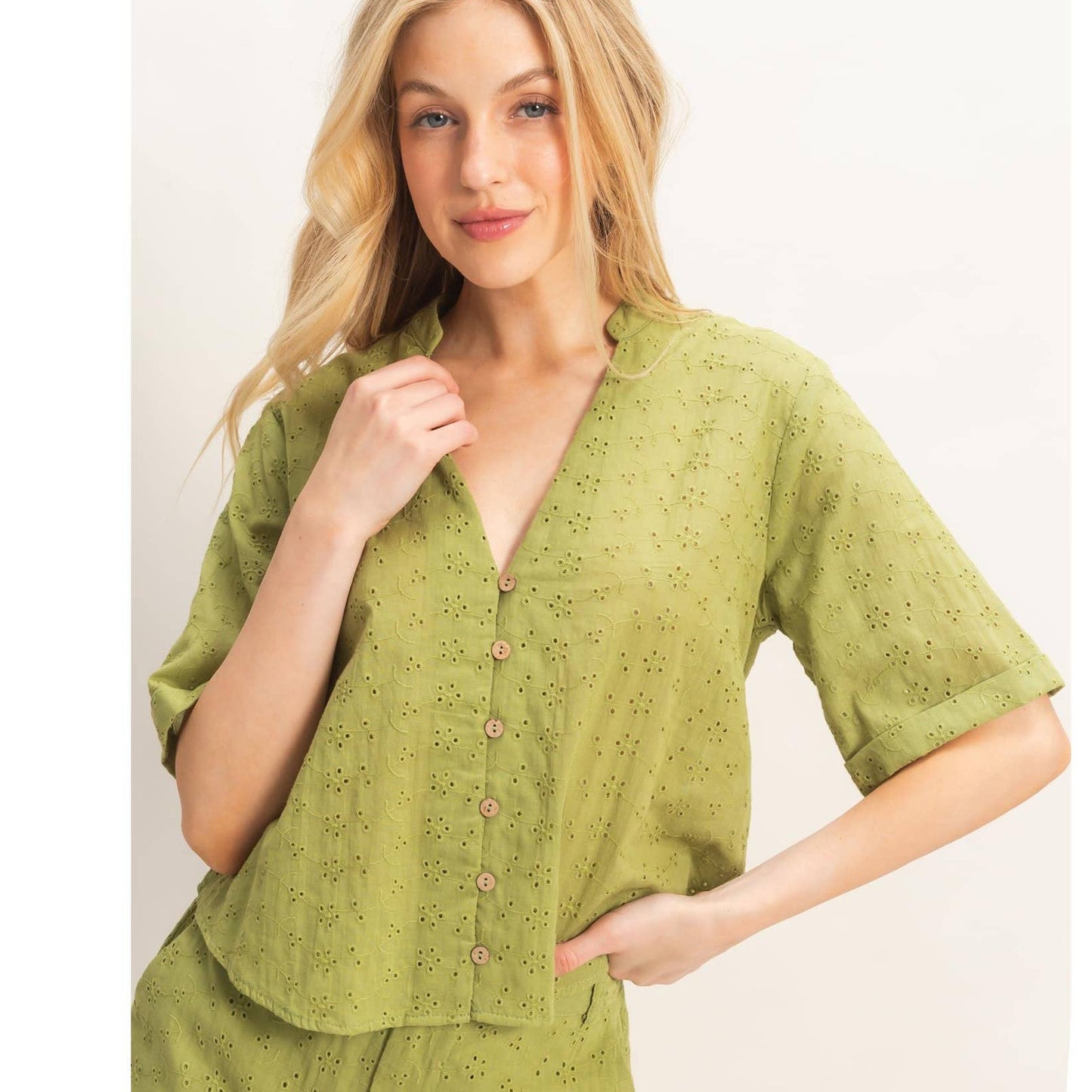 Floral Eyelet Mandarin Collar Top