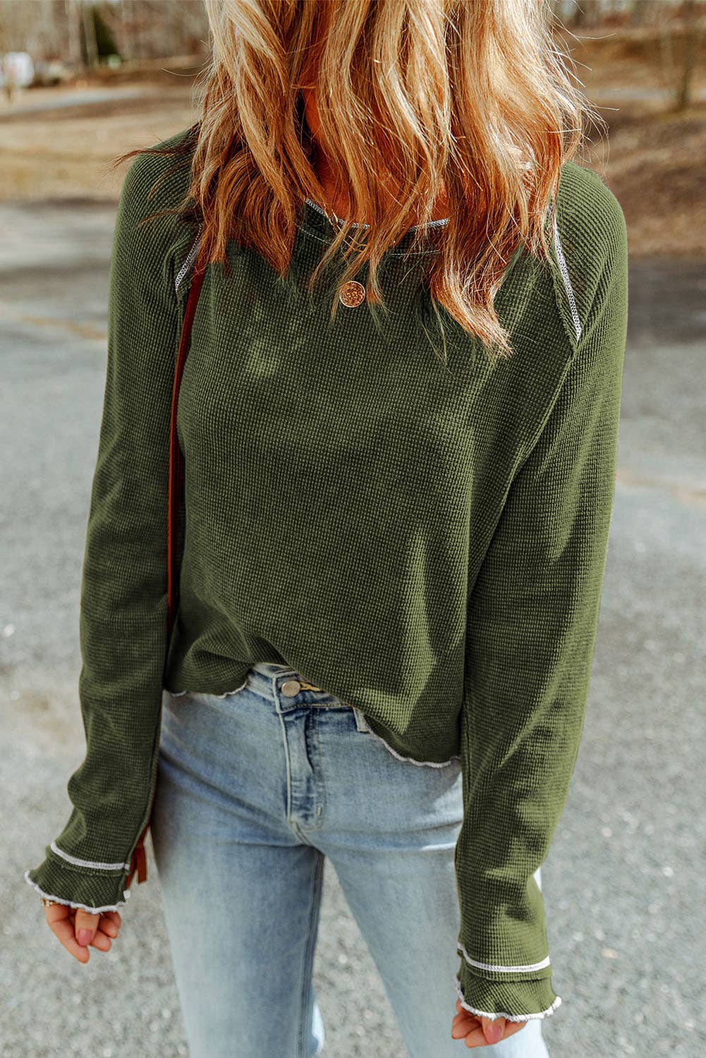 Waffle Round Neck Long Sleeve Top: Green