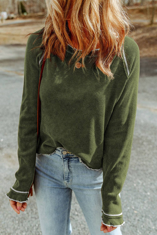 Waffle Round Neck Long Sleeve Top: Green