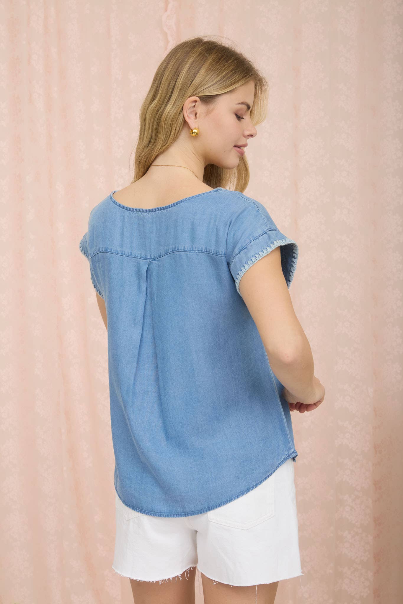 Chambray Contrast Stitch Pocket Top