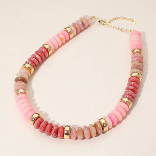 Chunky Resin Disc Beaded Necklace: Gold Pink