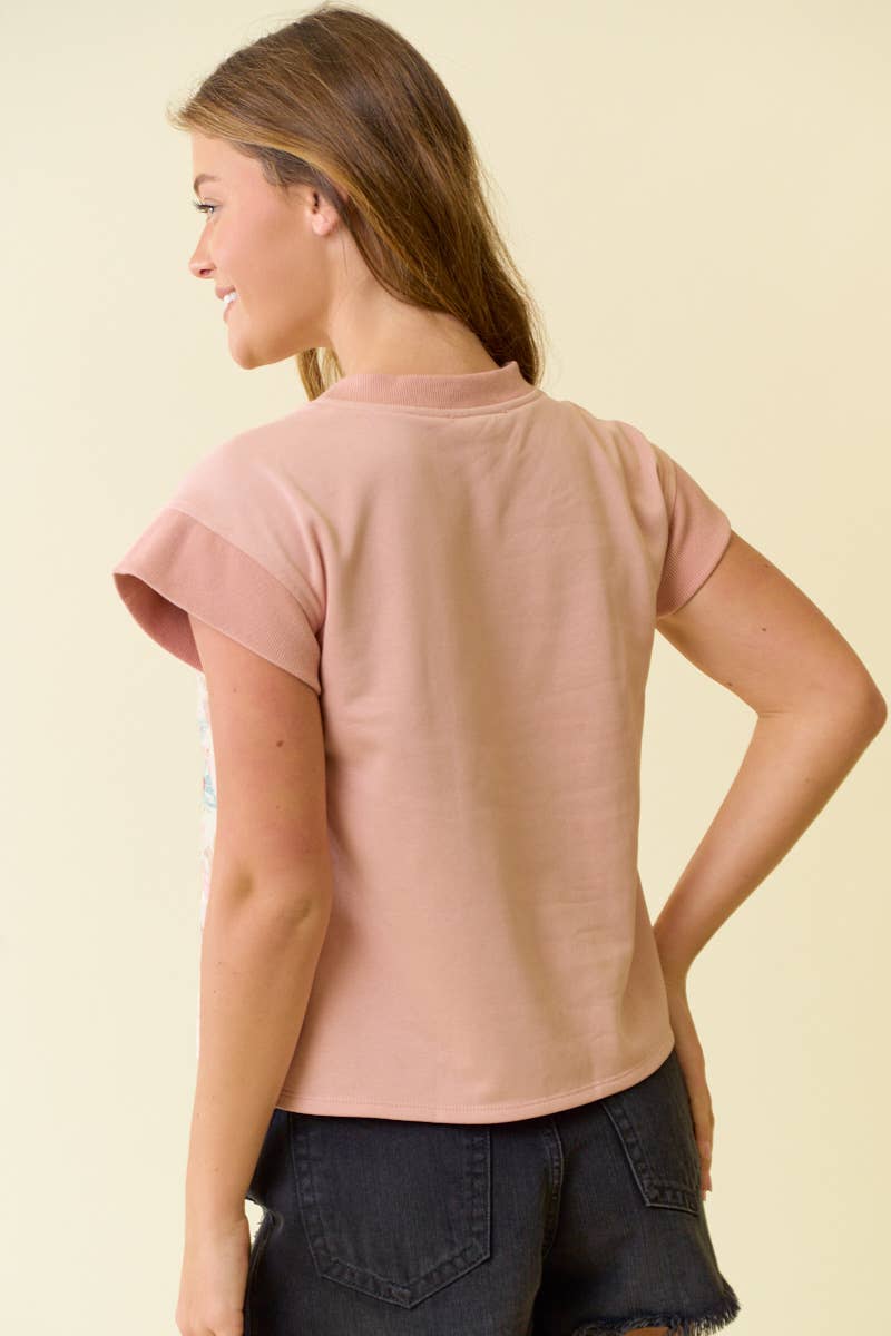 Floral Embroidery & Terry Mix Tee