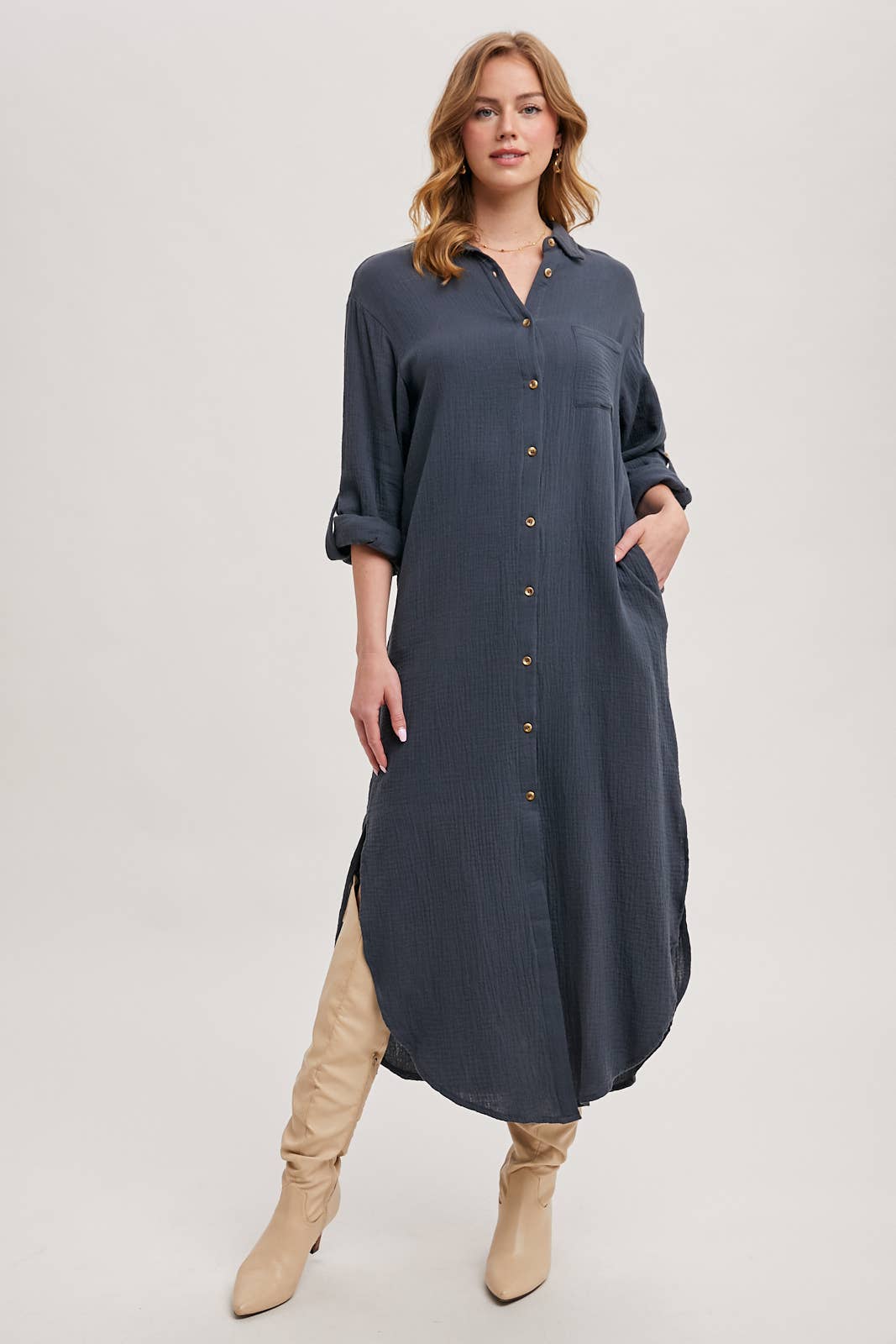 Textured Button-Up Maxi Dress | Collared Woven Dress with Pockets