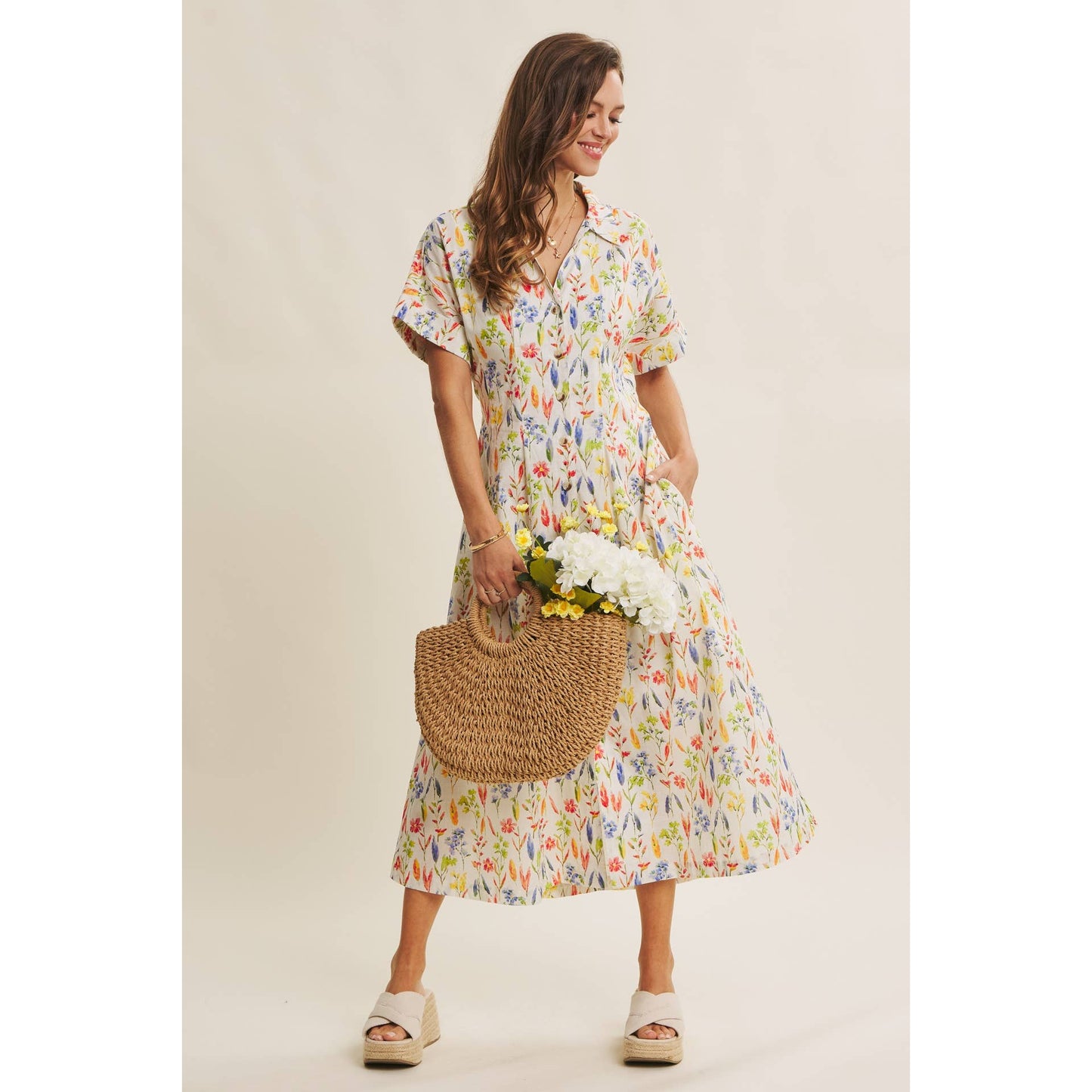 Romantic Floral Pleated Waist Button-Down Midi Dress