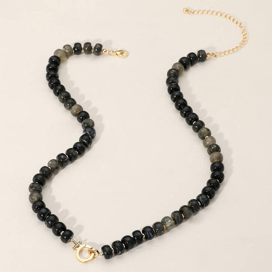 Marbled Beaded Clasp Accent Necklace: Black/Gold