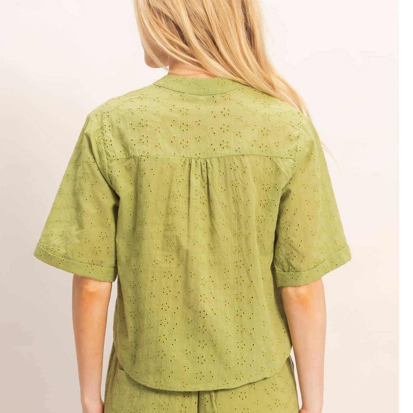 Floral Eyelet Mandarin Collar Top