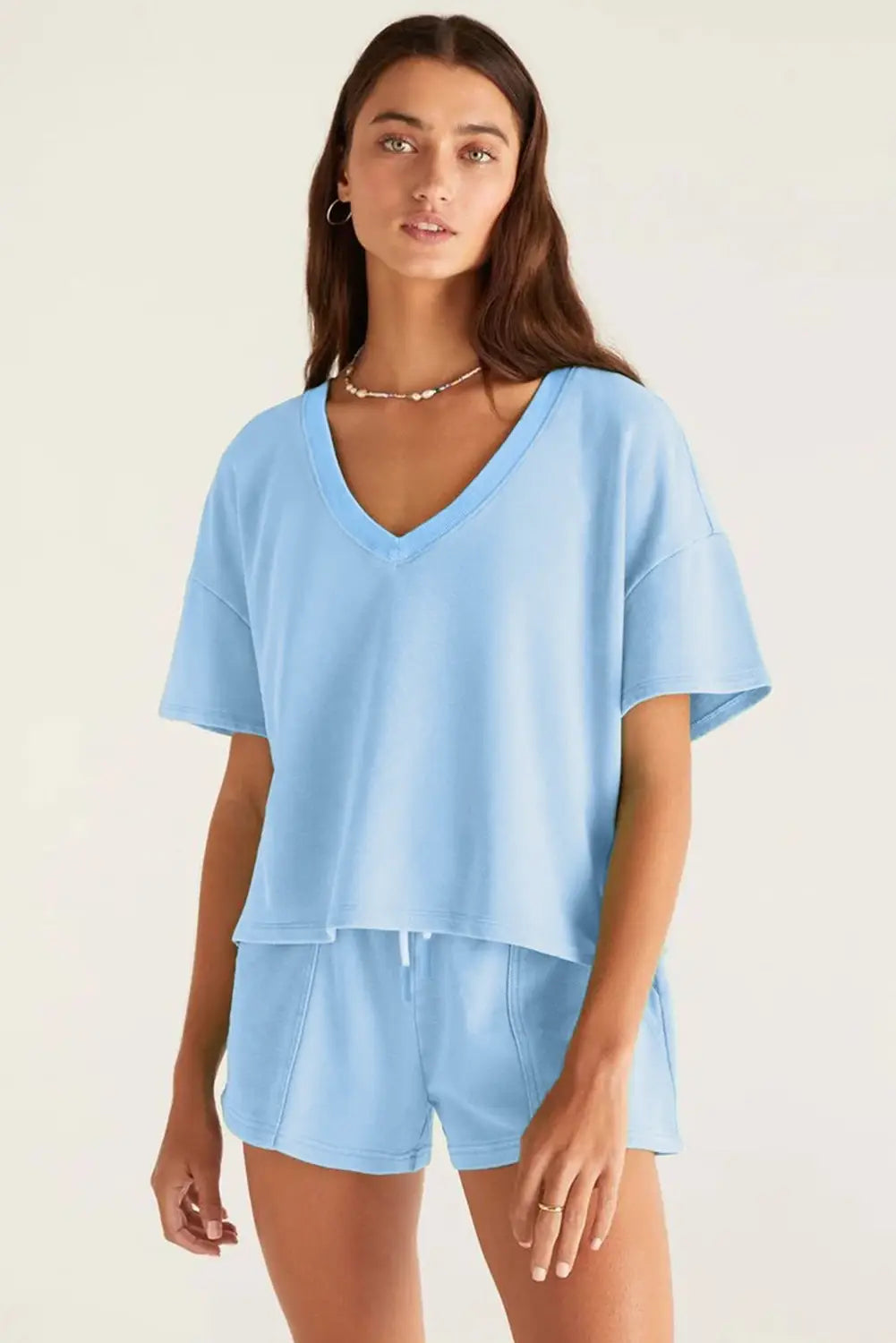 Mint Green V Neck Drop Shoulder Tee and Patchwork Drawstring Shorts Set: Mint Green