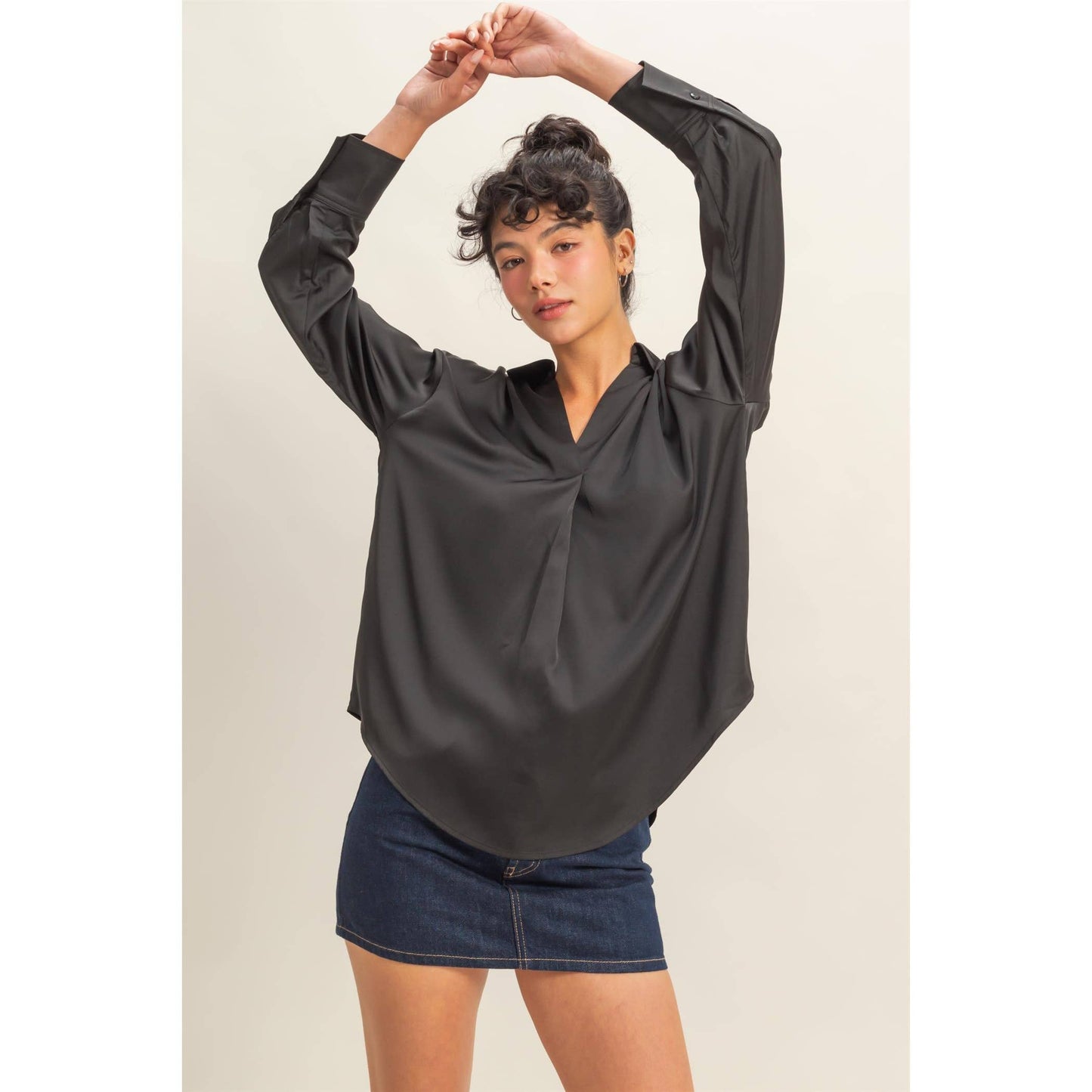 Collared V-Neck Satin Blouse
