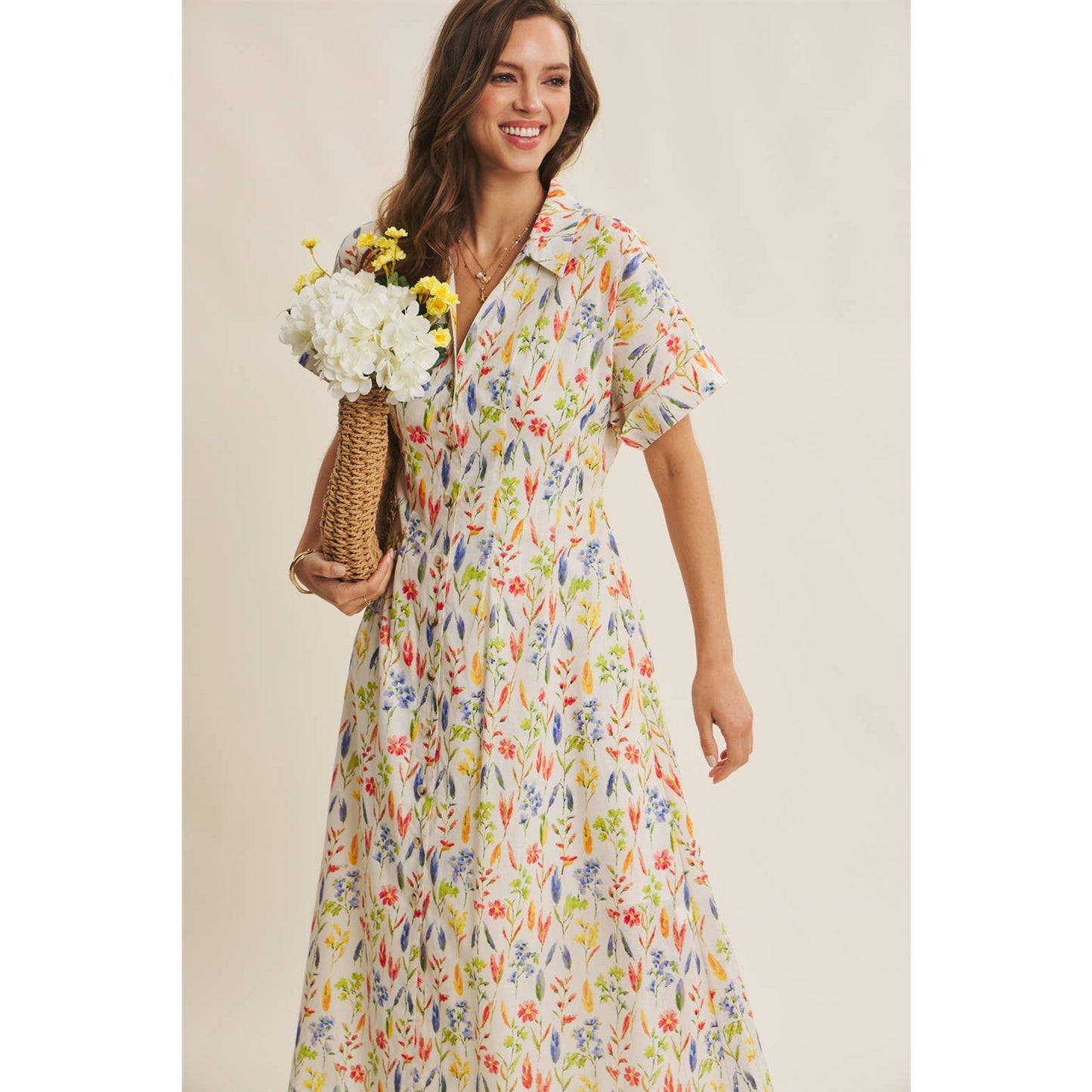 Romantic Floral Pleated Waist Button-Down Midi Dress