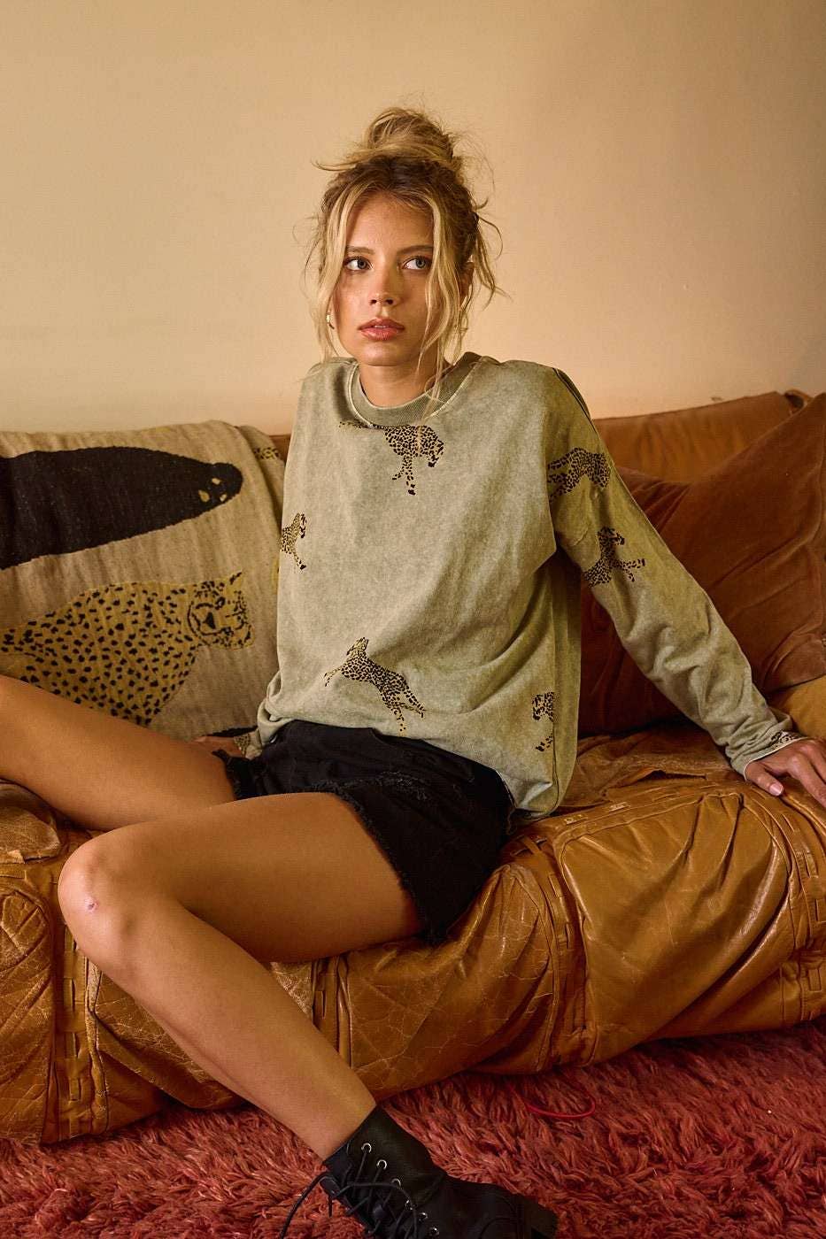 Mineral Wash Long Sleeve Cheetah Print Shirt
