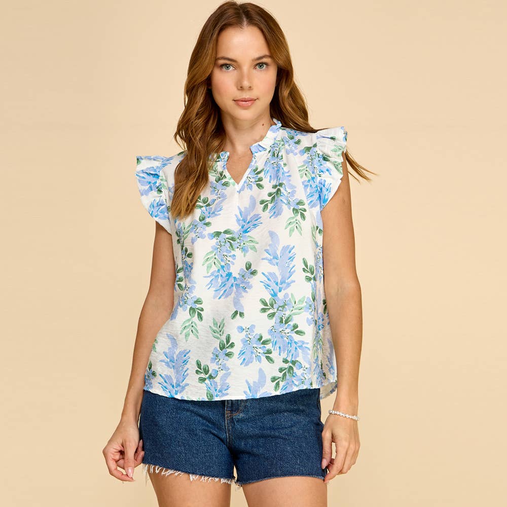 Blue Floral Print Blouse with Ruffle Cap Sleeves