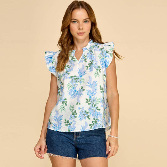 Blue Floral Print Blouse with Ruffle Cap Sleeves