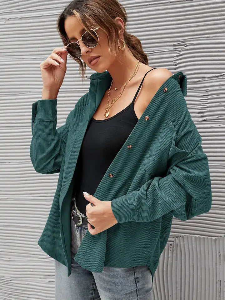 Women's Casual Loose Fit Corduroy Button-Down Shirt: Dark green