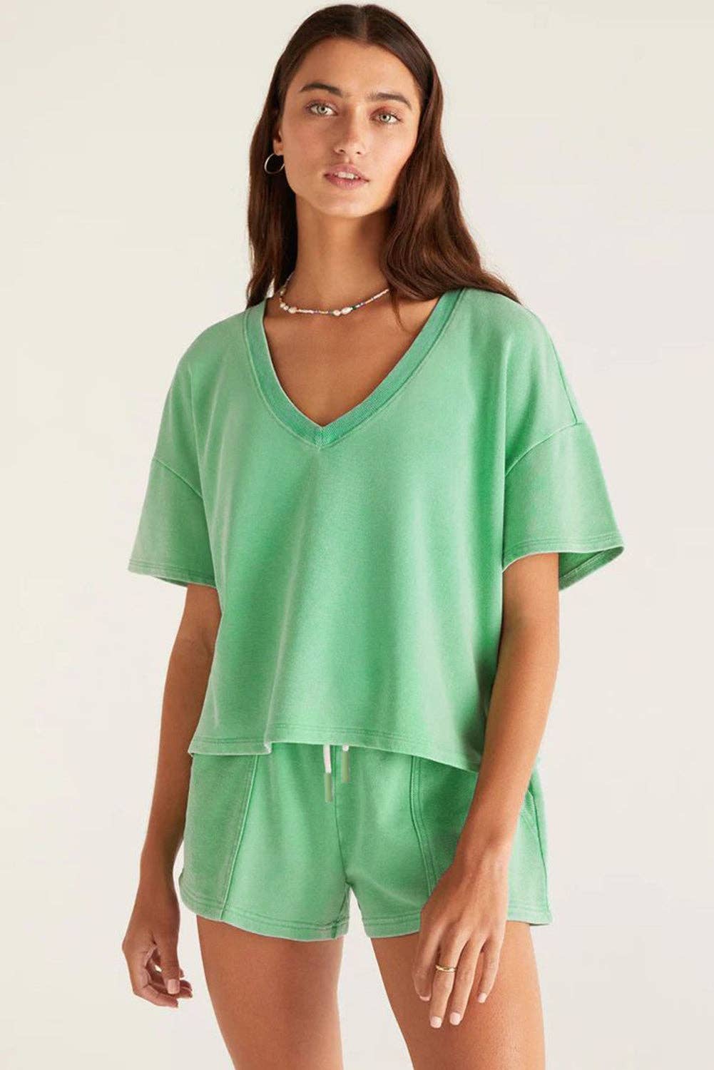 Mint Green V Neck Drop Shoulder Tee and Patchwork Drawstring Shorts Set: Mint Green