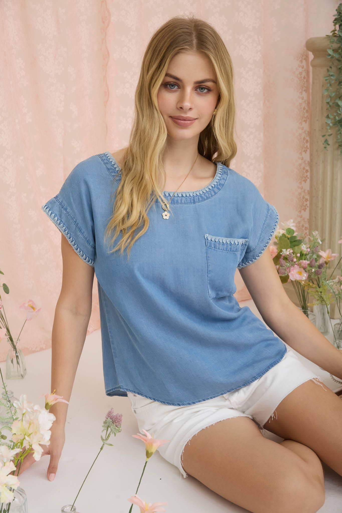 Chambray Contrast Stitch Pocket Top