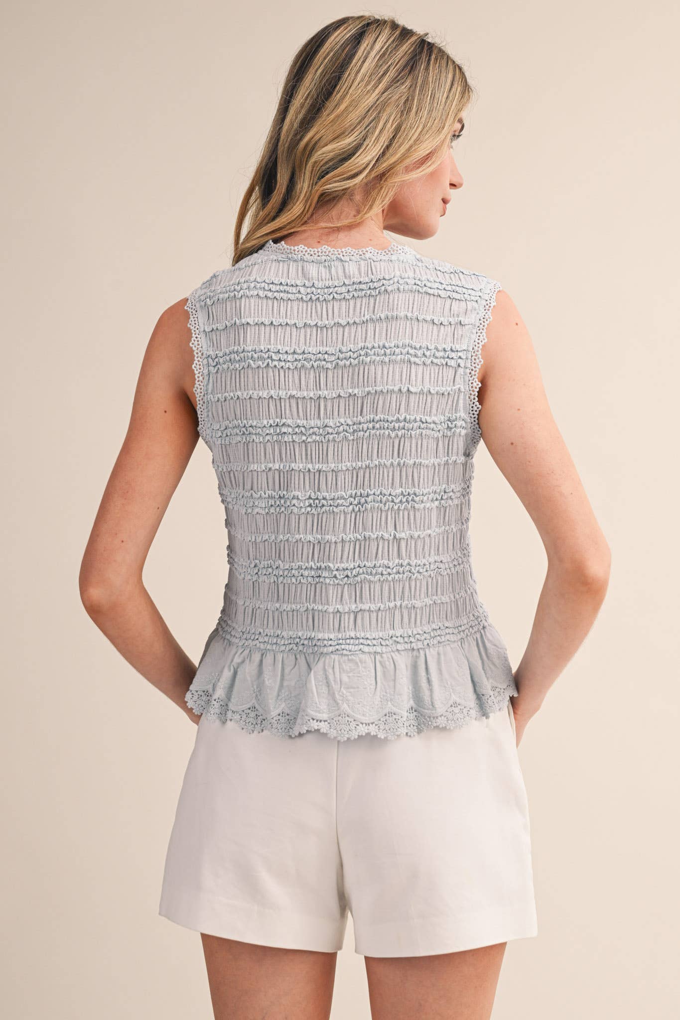 Soft Blue Smocked Lace Trim Top