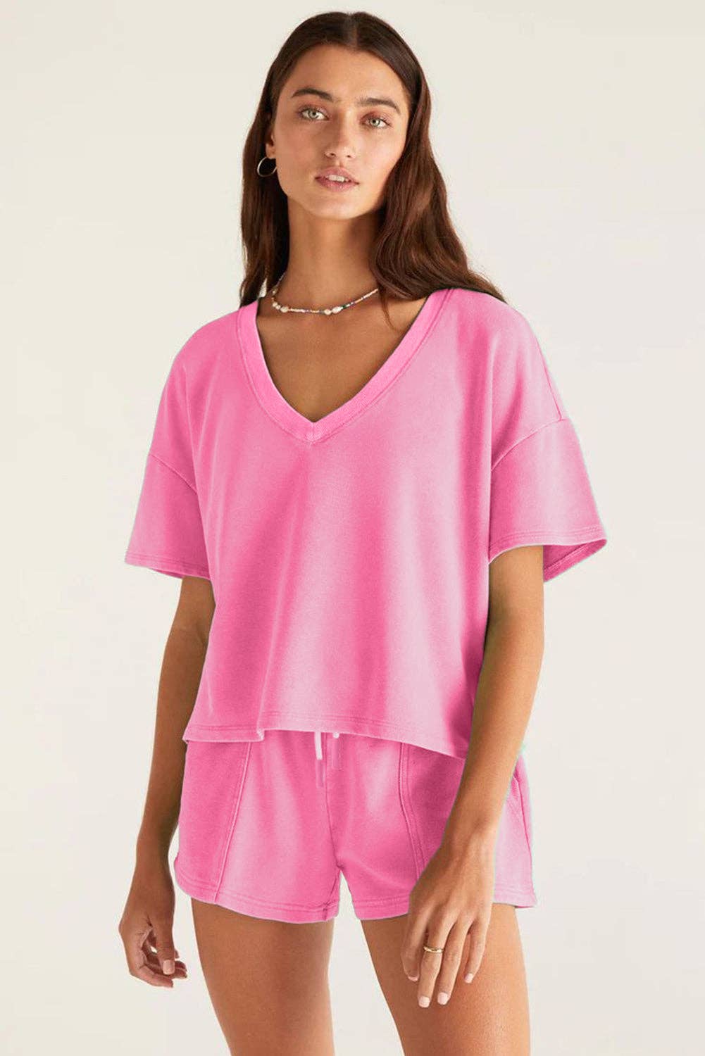 Mint Green V Neck Drop Shoulder Tee and Patchwork Drawstring Shorts Set: Mint Green