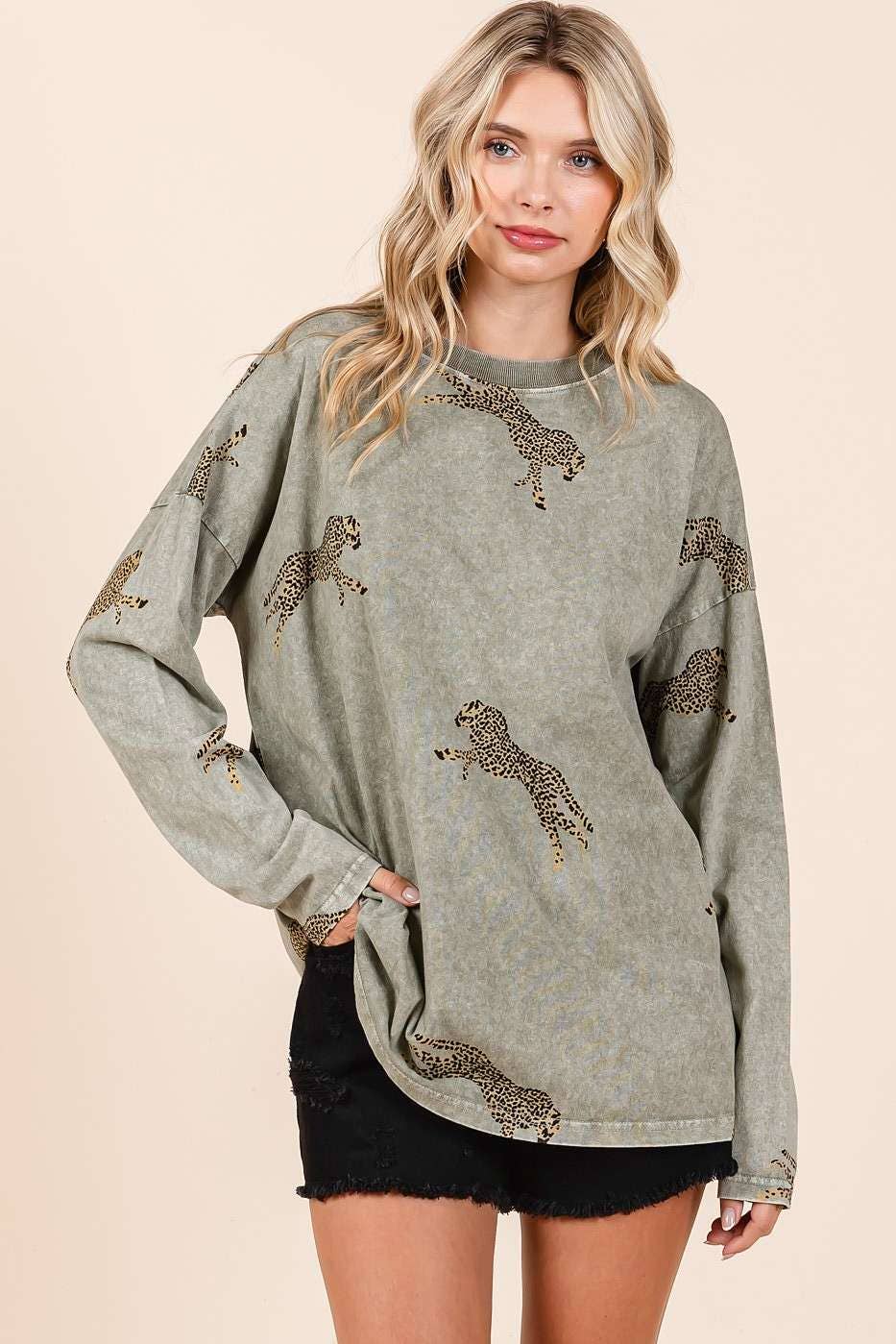 Mineral Wash Long Sleeve Cheetah Print Shirt