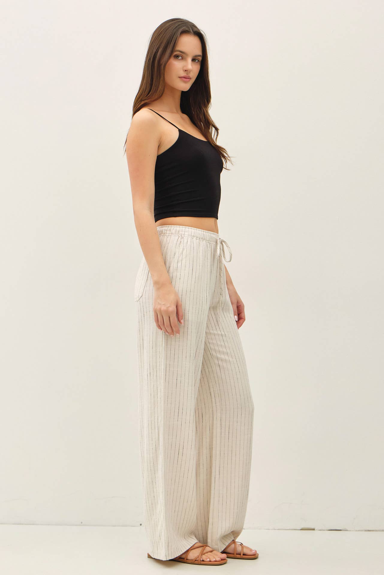 Cream Pinstripe Linen Blend Wide Leg Pants