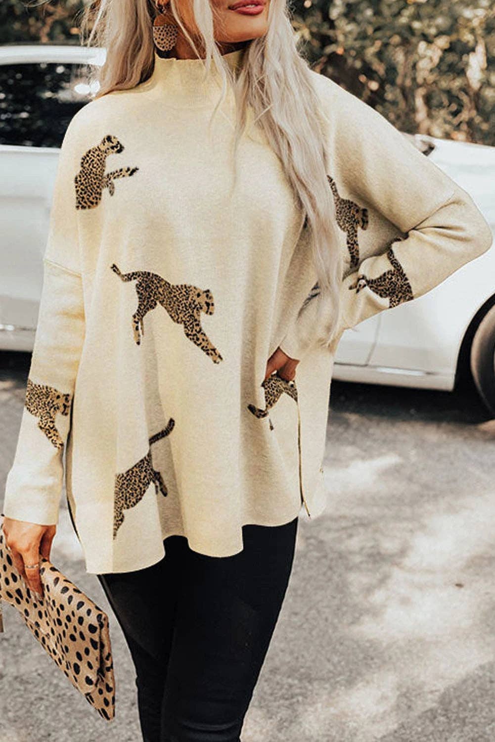 Cheetah Print High Neck Split Hem Sweater: Parchment