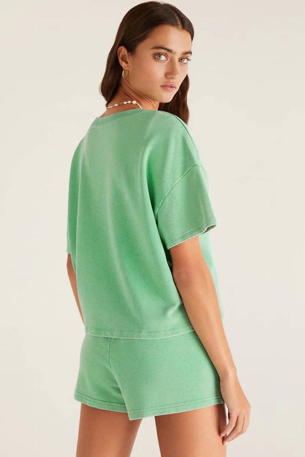 Mint Green V Neck Drop Shoulder Tee and Patchwork Drawstring Shorts Set: Mint Green