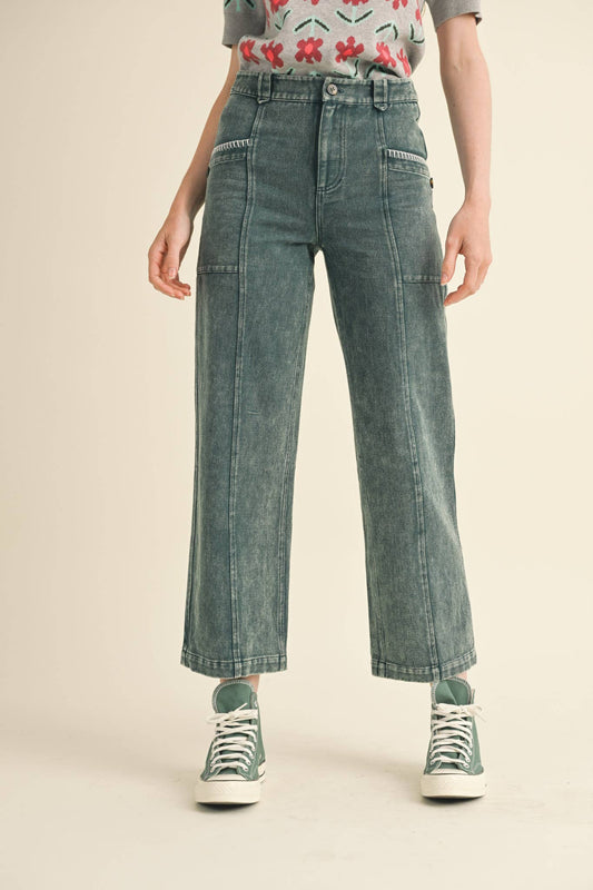 Scallop Stitch Straight Leg Pants: Hunter Green