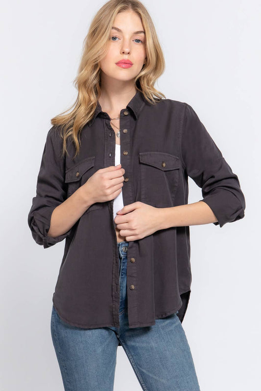 Long Sleeve Tencel Shirt- Charcoal