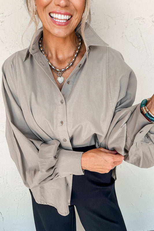 Solid Balloon Sleeve Buttoned Collared Shirt