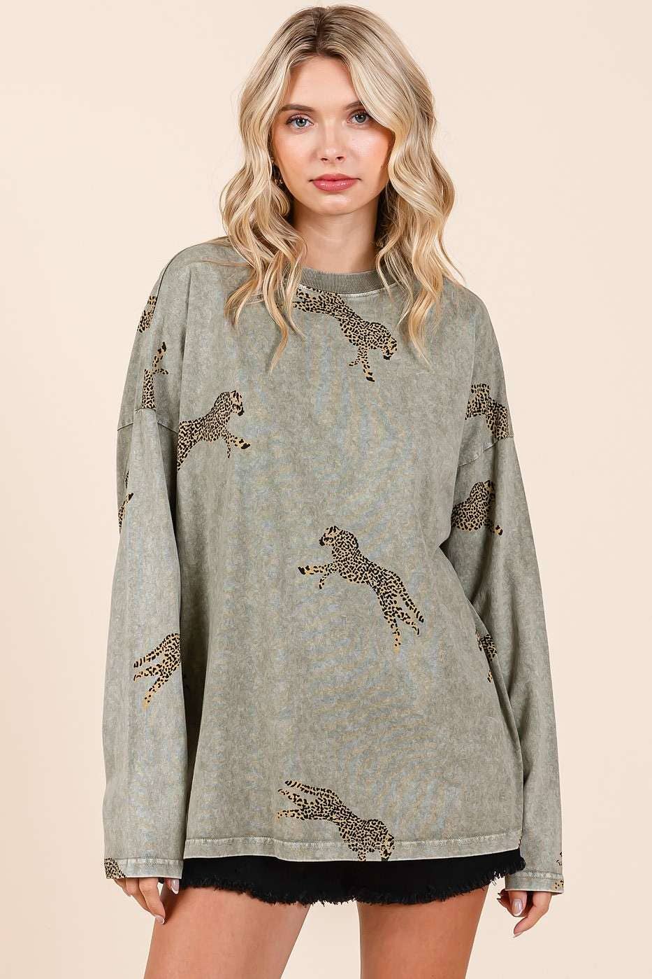Mineral Wash Long Sleeve Cheetah Print Shirt