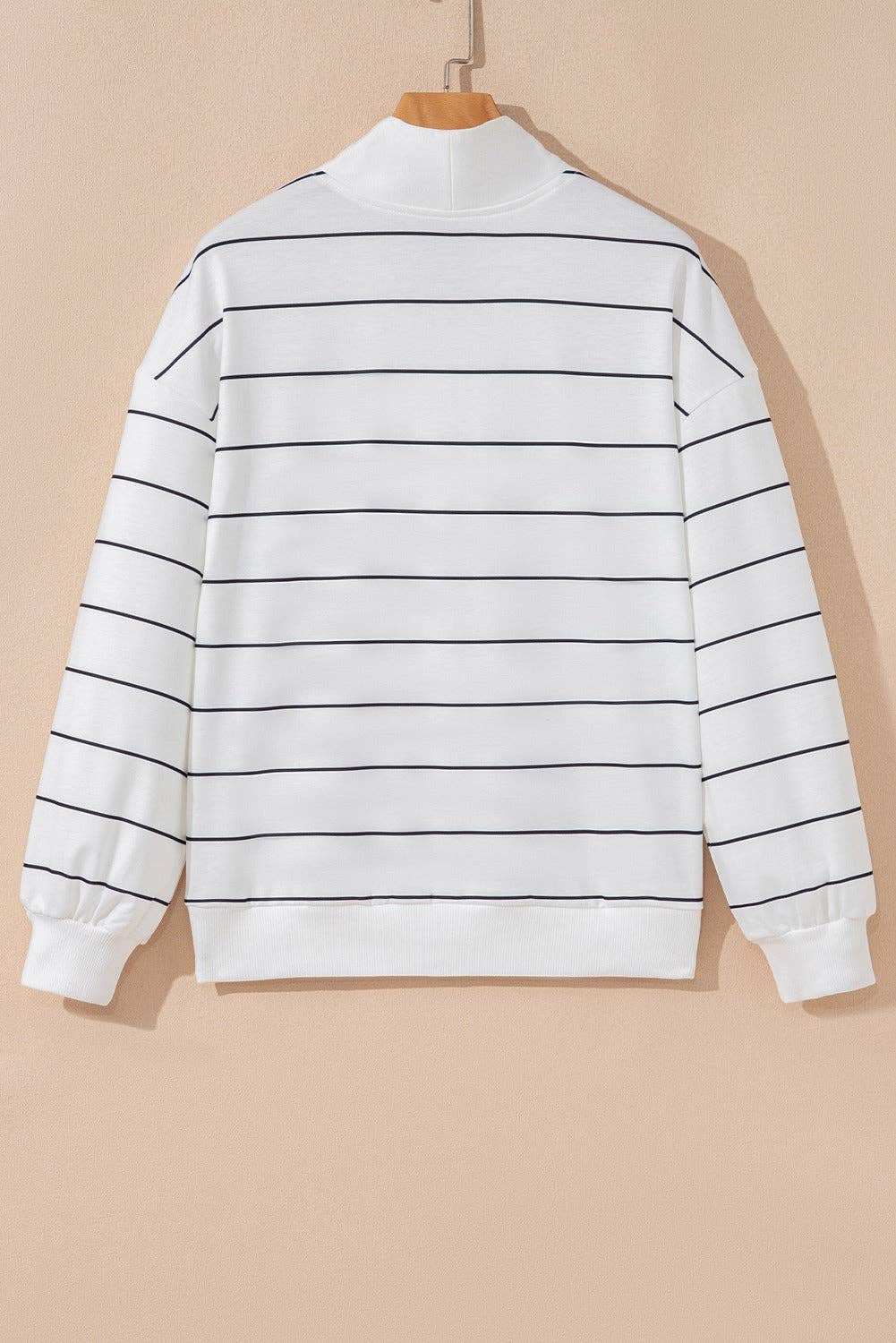 White Zip V Neck Striped Drop Shoulder Long Sleeve Top