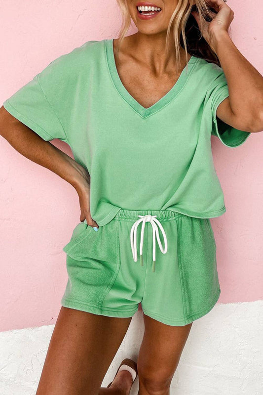 Mint Green V Neck Drop Shoulder Tee and Patchwork Drawstring Shorts Set: Mint Green