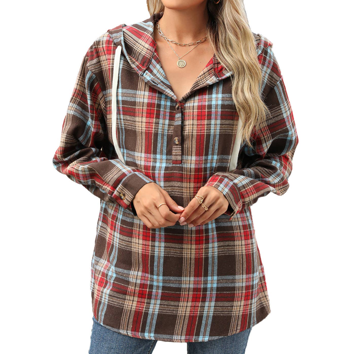 Long Sleeve Hooded Button Plaid Jacket Sweater
