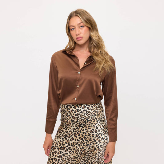 Long Sleeve Classic Satin Button-Up Blouse- Brown
