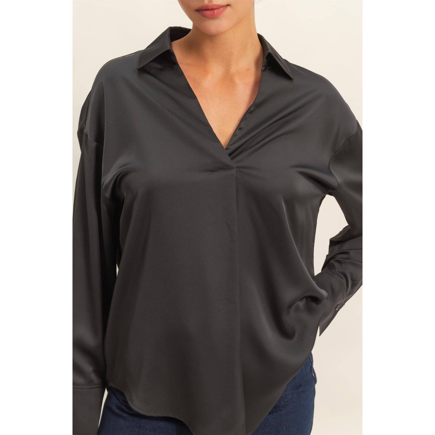 Collared V-Neck Satin Blouse