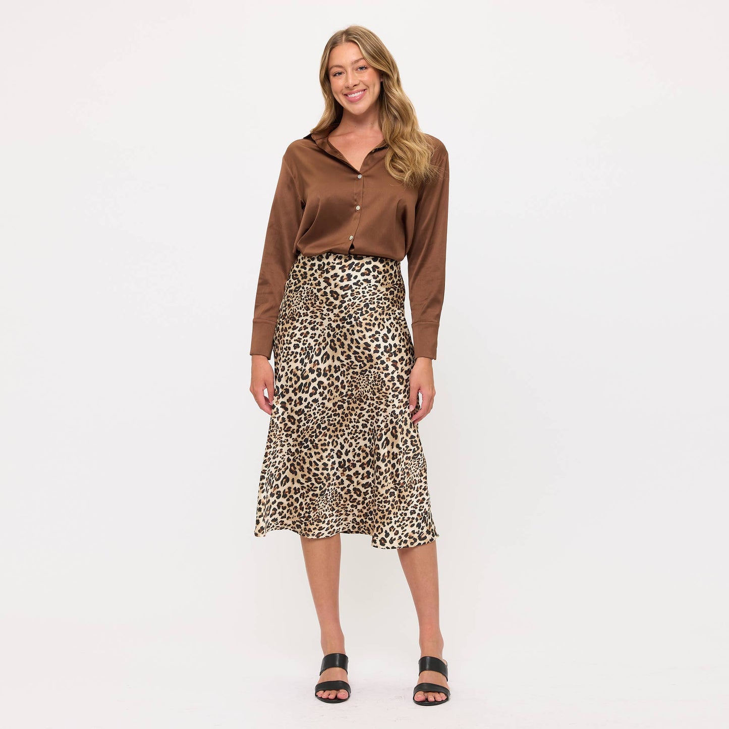 Long Sleeve Classic Satin Button-Up Blouse- Brown